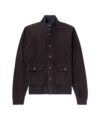 Dark brown suede bomber jacket with ribbed navy collar, cuffs and hem and flap pockets, flat lay