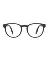 Matte black round acetate eyeglass frames with clear lenses, front view flat lay