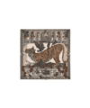 Grey and rust silk scarf printed with a tiger, birds and floral archways, flat lay