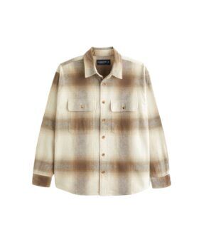 Cream, tan and brown ombré plaid flannel overshirt with chest pockets, flat lay