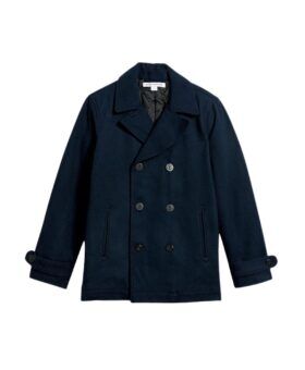 Navy wool double-breasted pea coat with notched lapels and welt pockets, flat lay