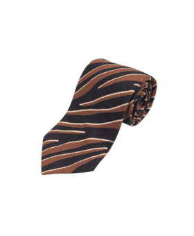 Black, brown and ivory animal stripe silk necktie, rolled flat lay