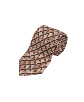 Black, tan and ivory geometric silk necktie, rolled flat lay