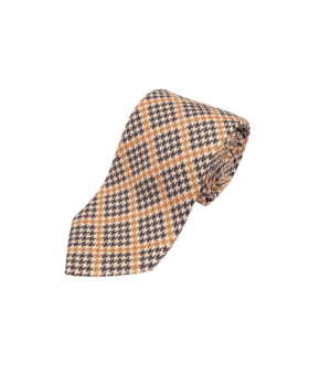 Black, gold and ivory houndstooth check silk necktie, rolled flat lay