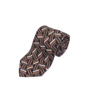 Black, rust and ivory retro geometric silk necktie, rolled flat lay
