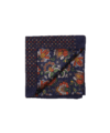 Navy double-sided silk pocket square with floral print and medallion reverse, folded flat lay