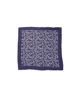 Navy silk pocket square with white retro geometric diamond print, flat lay