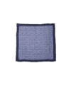 Blue silk pocket square with small white floral print and navy border, flat lay