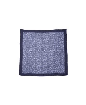 Blue silk pocket square with small white floral print and navy border, flat lay