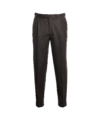 Brown flannel pleated trousers with side tab adjusters and cuffed hems, flat lay