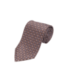 Brown silk necktie with tan and blue medallions, rolled flat lay