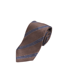 Brown silk and wool necktie with blue and cream repp stripes, rolled flat lay