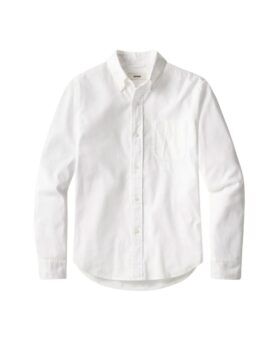 White cotton oxford button-down shirt with chest pocket, flat lay