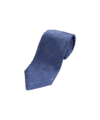 Blue textured silk necktie with white and light blue stripes, rolled flat lay
