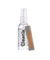 Eyeglass cleaning spray in a clear pump bottle with grey microfiber cloth, product shot