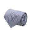 Navy and white glen plaid silk necktie, rolled flat lay
