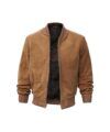 Tan suede bomber jacket with ribbed collar, cuffs and hem and zip front, flat lay