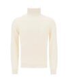 Cream cashmere turtleneck sweater with ribbed collar, cuffs and hem, flat lay