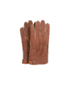 Tan shearling-lined leather gloves with handsewn points and snap tab cuff, flat lay pair