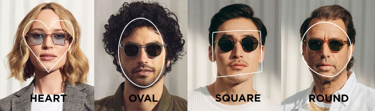Tinted sunglasses in metal and tortoise frames shown on four face shapes labelled heart, oval, square and round