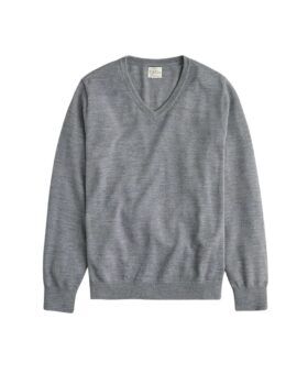 Grey merino wool V-neck sweater with ribbed cuffs and hem, flat lay
