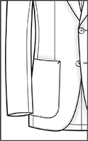 Line drawing of a jacket front with unflapped patch pockets, tailoring style illustration