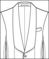 Shawl collar one-button jacket front with bib detail and welt pocket, line drawing diagram