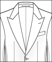 Peak lapel jacket front, line drawing of a one-button coat with welt breast pocket