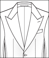 Peak lapel jacket front illustration showing single-button closure and welt chest pocket, line drawing
