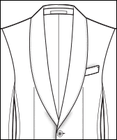 Shawl collar jacket lapel style, 2 3/8 inch width, line drawing diagram