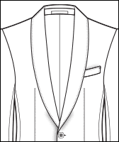 Shawl collar jacket lapel style, line-drawing diagram of a one-button jacket front