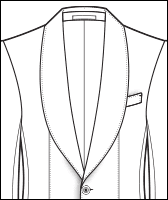 Shawl collar jacket lapel style, line drawing of a one-button jacket front with welt pocket