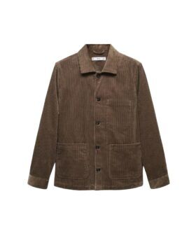 Brown corduroy overshirt with patch pockets and button front, flat lay