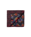 Double-sided silk pocket square with maroon medallion print and navy floral reverse, flat lay