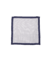 Ivory silk pocket square with navy geometric medallion print and navy border, flat lay
