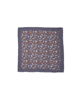 Slate grey silk pocket square with orange, tan and white monkey print, flat lay
