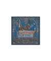 Blue silk scarf with Egyptian Anubis print in gold and navy border, flat lay