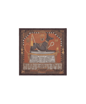 Rust and kohl brown silk scarf with Egyptian Anubis jackal print and hieroglyph border, flat lay