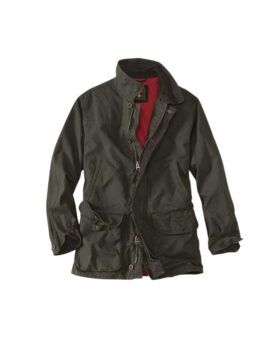 Olive green waxed cotton field coat with corduroy collar and red lining, flat lay