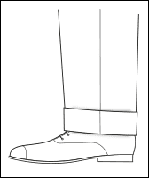 Line drawing of a trouser hem with cuff breaking over a lace-up cap toe shoe, side view illustration