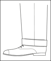 Line illustration of a trouser hem with cuff breaking over a cap-toe oxford shoe, side view diagram