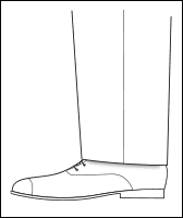 Line drawing of trouser hem with a slanted break over a cap-toe dress shoe, a fit detail diagram