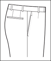 Trouser waistband with belt loops and pleated front, line drawing detail