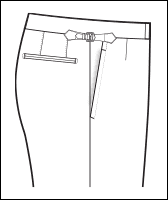 Trouser waistband with metal side adjuster and welt pocket, technical line drawing