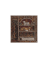 Crimson silk twill scarf printed with illuminated manuscript scene of a lamb, hound and hens, flat lay