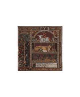 Crimson silk twill scarf printed with illuminated manuscript scene of a lamb, hound and hens, flat lay