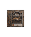Black and rust silk twill scarf with illuminated manuscript print of a lamb, hound and hens, flat lay