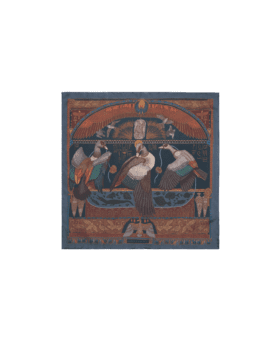 Slate blue silk scarf printed with Egyptian geese, winged scarab and hieroglyph borders in rust and teal, flat lay