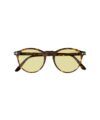 Tortoiseshell acetate round-frame sunglasses with pale yellow tinted lenses, flat lay
