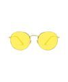 Round gold metal sunglasses with yellow tinted lenses, front view flat lay